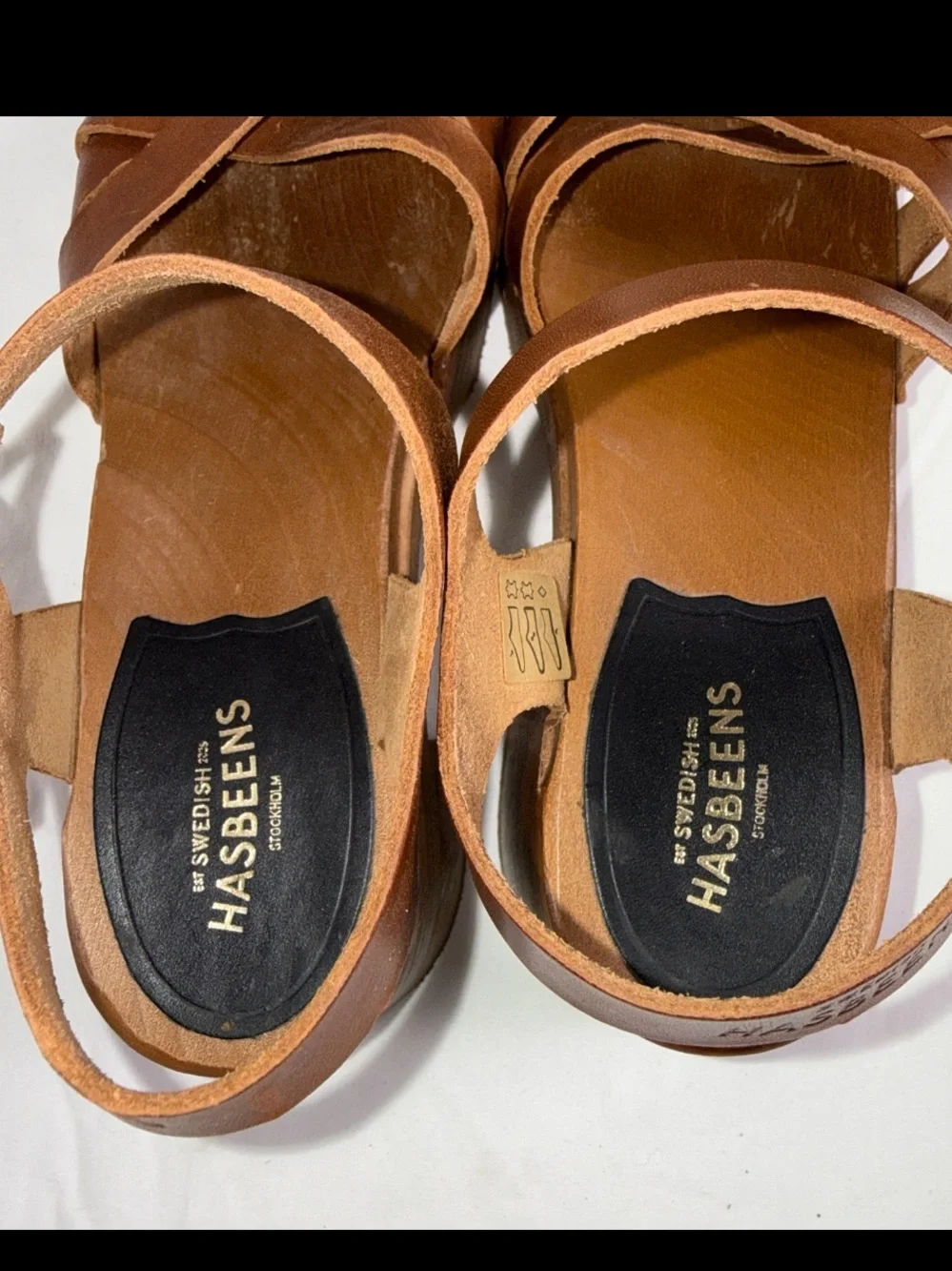 Swedish Hasbeens EU38 Clogs Sandals Cross Strap, Debutante Kringlan Heel Leather